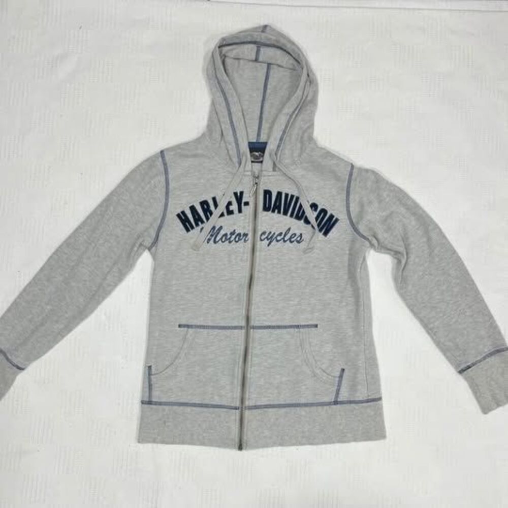 Harley Davidson Womens Gray Motor Cycle Full Zip Up Sweater Hoodie Size M
